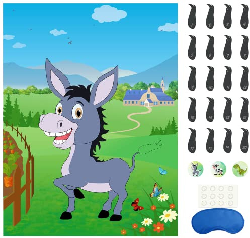 Morcheiong Juego de fiesta Pin The Tail on The Donkey con 48 colas para niños, suministros de fiesta de cumpleaños, regalos de fiesta de burro, decoraciones de fiesta de granja