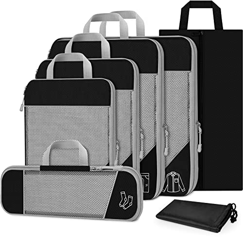 TAMOWA Koffer Organizer Set 7-teilig, Packtaschen mit Kompression, Compression Packing Cubes für Rucksack und Koffer, Packwürfel, Kofferorganizer Reise Kleidertaschen für Kleidung Schuhe Unterwäsche
