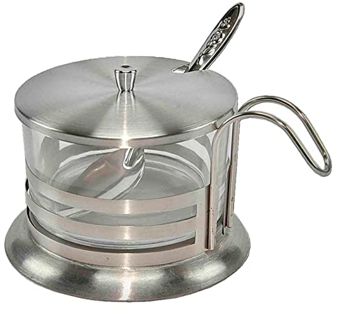 Tradineur - Azucarero con asa - Fabricado en cristal y metal - Ideal para el desayuno de cada mañana - Modelo Surtido - 8 x 10,5 cm