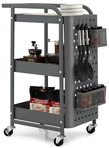 GIANTEX Mobiler Metallwagen mit 3 Ebenen, Wagen mit Steckbrett, Aufbewahrungskörbe, Haken, Servierwagen mit 4 Rädern, für Küche, Bad, Büro, 52 x 33 x 75 cm (grau)