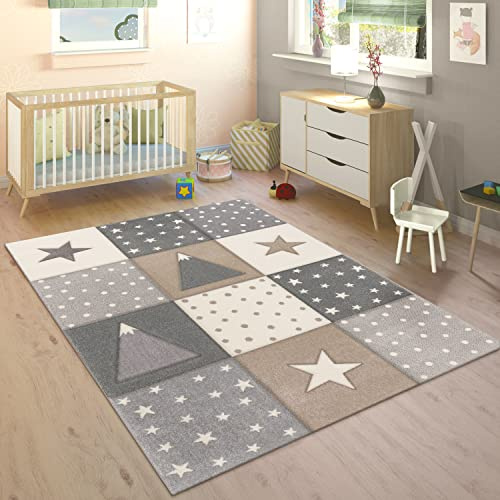 Paco Home Teppich Kinderzimmer Kinderteppich Junge Mädchen Pastell 3D Effekt Modern Berge Sterne Punkte Beige Schwarz, Grösse:120x170 cm