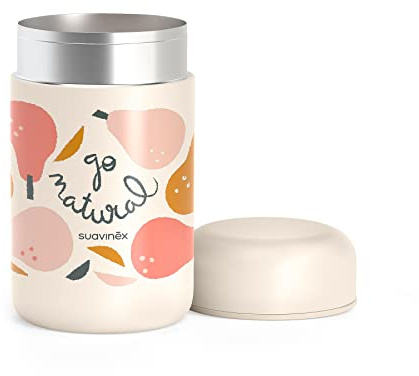Suavinex, Thermoskanne Baby Unterwegs, Baby Thermosflasche, Thermobehälter für Essen, Speisegefäß Babynahrung, Edelstahl, Hermetisch verschlossen, 400 ml, Birne, Grau