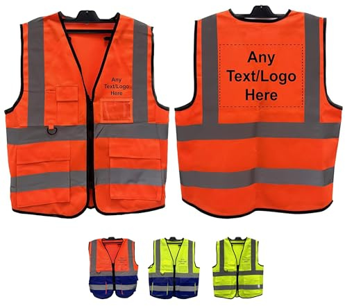PB TECH Personalised Printed Reflective Hi-Viz Vest, High Visibility hi viz Reflective Vest, Custom Logo Class 2 hi vis Zipper With Phone ANd ID Pockets
