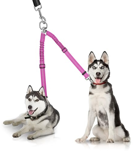 YAODHAOD Double Dog Leash,Two Dog Leash Splitter, No Tangle 360° Swivel Rotation Reflective Lead, Adjustable Length Bungee Heavy Duty Walking Training Dual Extension (Rose Red)