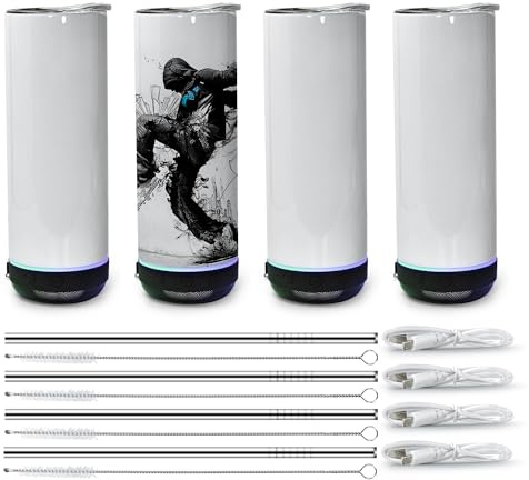 sweet grain Music Speaker Tumbler(4Pack) - Sublimation Tumbler 20 oz Skinny Straight with Speaker, Straw & USB Charging Cable, Sublimation Speaker Cups - Black