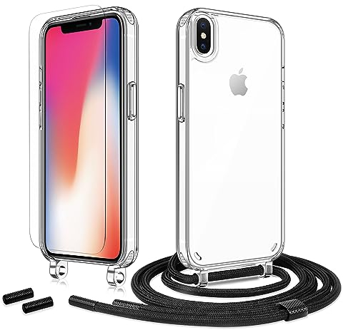 Anshow Handykette für iPhone X/Xs Hülle mit Band + 1 Schutzfolie, Robust Necklace Extrem Stoßfest Handyhülle iPhone X/Xs Case Transparent Schutzhülle zum Umhängeband Abnehmbar, Schwarz