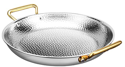 Paellera Antiadherente De Acero Inoxidable 304, Paellera Española 100% Martillada Hecha A Mano con Asas Dobles, Sartén para Hogares, Cocina O Restaurante,Silver,34cm