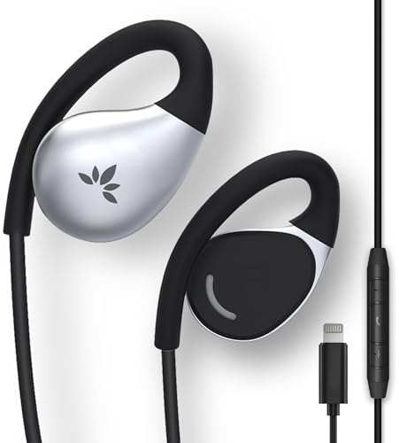 Avantree Resolve (stor) – Trådbundna öronproppar med öppen örat med mikrofon och over-ear krok, för äldre och män med stora öron, bra för kontor, utomhus och hem, Lightning-kontakt