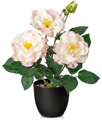 Briful Künstliche Blumen Kunstrosen Kunstblumen Wie Echt Misty Rosa Dekoblumen Rosenbusch Höhe 28 cm, im Topf Klein Frühlingsblumen Deko für Bad Büro Hotel Restaurant