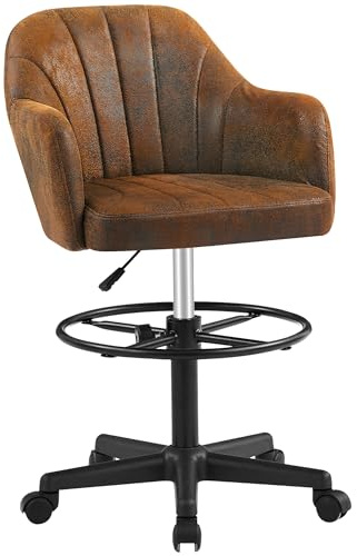 VECELO Home Office Desk Chair with Height Adjustable Seat and Footrest Ergonomic PU Standing Swivel Stool with Back and Arm