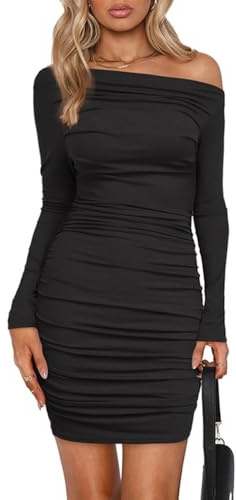 EMOTTOS Minivestidos de Mujer Ajustados a la Cadera, Vestido de Hombros caídos con Pliegues y Cordones, Cuello Cuadrado, Botones de Terciopelo con Volantes y Manga Larga (2 Estilos)