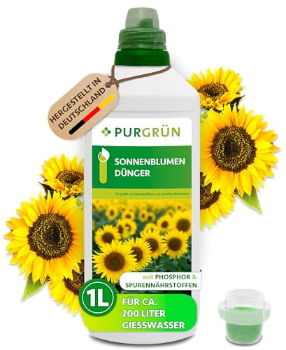 Purgrün® Sonnenblumen-Dünger 1 Liter – Strahlende Blüten dank Phosphor – Premium-Flüssigdünger mit Spurennährstoffen – NPK 10+8+6 – Hoch ergiebiges Konzentrat für 200 Liter Wasser