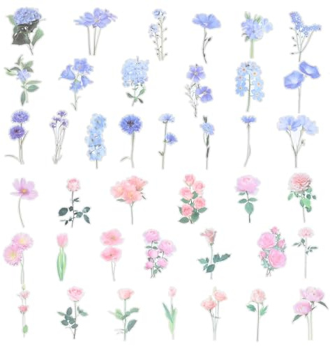 PATIKIL Transparent Flower Vinyl Stickers, 80 Sheet Waterproof PET Flowers Decals Floral Stickers for Scrapbook Journaling Crafts DIY Water Bottles, Blue & Pink