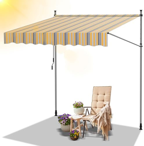 Daromigo Tenda da sole con morsetto per balcone, 400 x 120 cm, altezza regolabile, con manovella, resistente ai raggi UV, protezione solare, senza fori, per balcone, giardino, giallo, blu