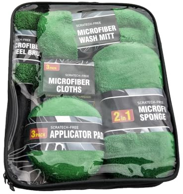 Jemora 9 Pezzi Kit di Pulizia per autolavaggio Guanti per Pulizia/Asciugamani/Stracci/tampone applicatore/spugne/spazzole per Ruote per Il Lavaggio dell'auto