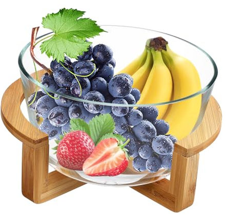 Hoement Glass Salad Bowl Heat Resistant Wooden Base Large Capacity for Dinner Baking Serving Party