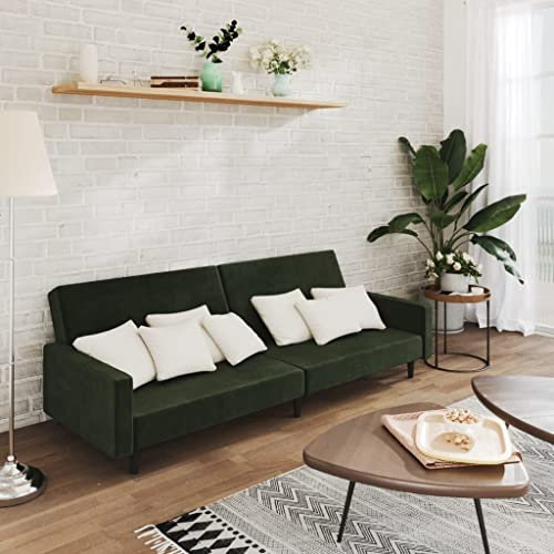 Homgoday Schlafsofa 2-Sitzer Klappsofa Bettsofa Bettcouch Sofa mit Schlaffunktion Loungesofa Sofa Couch mit Verstellbarer Rückenlehne für Wohnzimmer Dunkelgrün Samt