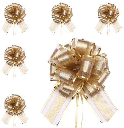 6pcs 7inch Large Pull Bows Wrapping Pull Bow Ribbon Gold, Golden Ribbon Pull Bows Gift Wrap Bows for Gift Wrapping Baskets Wedding,Valentine's,Birthday Gift,Christmas,Flower Decorations Pull Bows