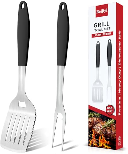Beijiyi Grillbesteck Set 2-TLG, 40 cm BBQ Grillset Grillgabel und Grillwender Edelstahl mit Hitzebeständiger Silikon Henkeln, Grillzubehör Gasgrill Männer Geschenk