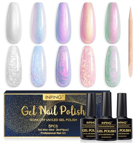 INPING Smalto Semipermante Per Unghie Perla,5 Colori Pearl Shell Set Di Smalti UV Gel,Gel Glitterato Perlescente Rosa Viola Verde Blu Con Stick, Bianco Perlato e Smalto Effetto Spirale, 8 ML