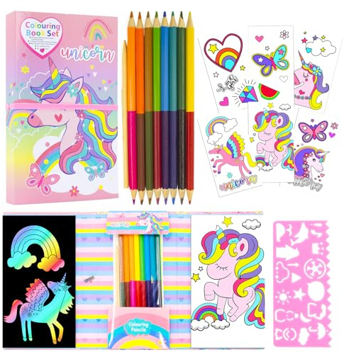 Kit di blocchi da colorare con unicorno, per ragazze, libro da colorare con 30 pagine da colorare, 10 carte da grattare arcobaleno, 16 matite colorate per disegnare e dipingere, kit da colorare da