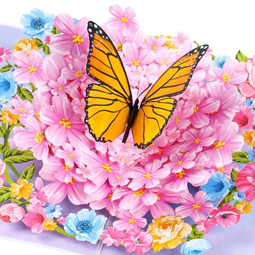Ghope 3D Pop Up Karte Schmetterlinge auf Blumen mit Umschlag，Geburtstagskarte Pop Up Grußkarten - 3D Schmetterlingskarte für Frau, Freundin & Mutter (Gute Besserung, Karte Danke, Jahrestag)