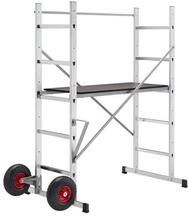 Hailo Gerüst HobbyStep H3 - fahrbares Aluminium-Gartengerüst - rutschfeste Arbeitsplattform - 2 geländegängige Transporträder - Arbeitshöhe bis 3,00 m - belastbar bis 150kg - Silber