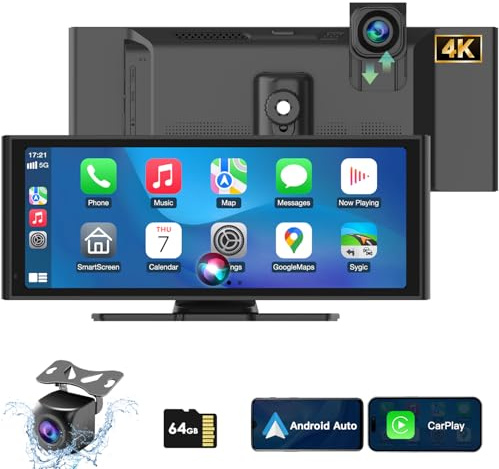 CarPlay Display 10,26 Zoll IPS Touchscreen, mit Android Auto 4K Dashcam | mit 4K Dashcam, 1080P-Rückkamera, Loop-Aufnahme, tragbares Autoradio mit Navigation, Mirror Link, 64G, TF/FM/AUX/Bluetooth