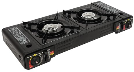 Fornello a gas da campeggio, portatile, doppio fornello a gas, 2 fiamme, con piastra per barbecue, per campeggio, viaggi, picnic