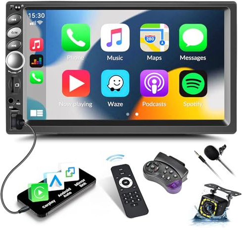 Double Din Car Radio with Apple CarPlay Android Auto CAMECHO 7 inch Touchscreen 2 Din Car Stereo with Bluetooth Mirror Link/SWC/FM USB TF AUX + Reverse Camera