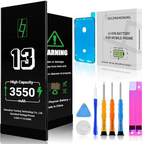 GOLDWANGWANG Batterie pour iPhone 13, 3550mAh de Haute Capacité, Compatible avec A2482/A2631/A2633/A2634/A2635, 0 Cycles, Kit de Réparation Complet, Certifiée CE/RoHS/FCC/PSE