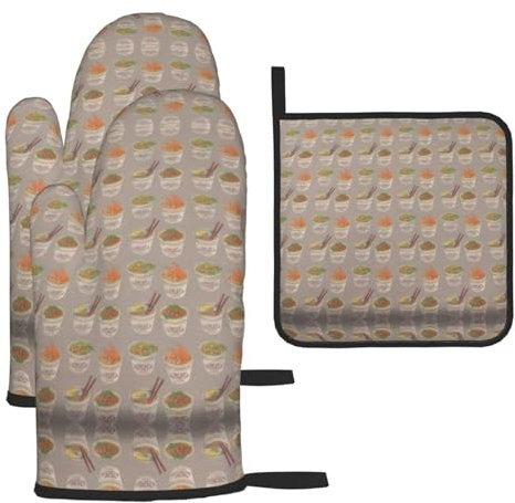 Huevera de fideos ramen, 3 manoplas de horno de Navidad y soportes para ollas, juegos de guantes de horno de regalo, para cocina, hornear y cocinar
