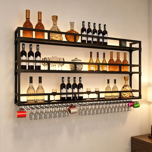 Portabottiglie Porta Bottiglie di Vino da Parete con Portabicchieri Cantinetta Vino con Luce Scaffale da Parete Mensole Cucina Angolo Bar per Casa Mobile Bar per Cucina Sala da Pranzo Bar(Black,3LAYER