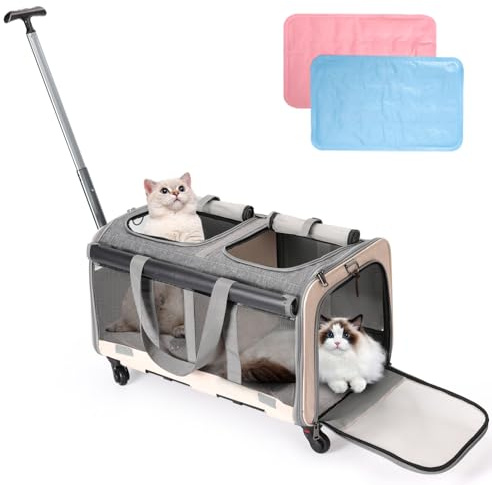 Double-Compartment Rolling Cat Carrier with Wheels for 2 Cats, Foldable Pet Carrier with Wheels for 2 Small Cats and Dogs, Fully Breathable, Perfect for Traveling/Hiking/Camping/Veterinary Visits