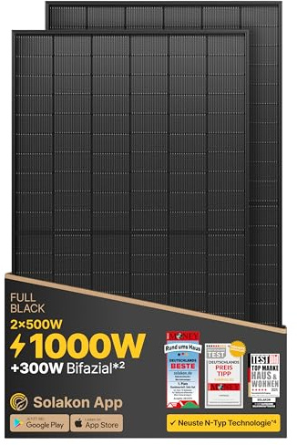 Solakon Solarpanel 500W, Bifazial Glas-Glas N-Type Solarmodul, 40v Full Black Solarmodule/Solar Module für Balkonkraftwerk/Solaranlage, 500w Solar Panel für Photovoltaik Komplettanlage (2 Stk)