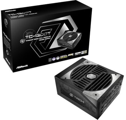 Source d'alimentation ASROCK TC-1300T, PSU, 1300 W, 80 Plus Titane, 135 mm, modulaire, PCI-E 5.1 (12+4pin) x2, PCI-E (6+2 Broches) x8, SATA (5 Broches) x9
