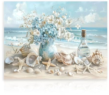 Dazzlewall Ocean Beach Canvas Wall Art, Seascape Seashells Starfish Coastal Poster Print for Bathroom Living Room Decor 12x16 in Unframed