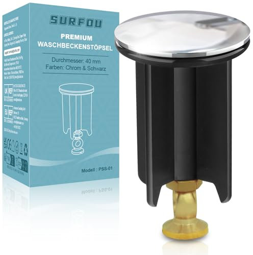 SURFOU Tappo Lavandino Bagno Universale 40mm, Altezza Regolabile, In Ottone, Tappi Bidet Pop Up con Troppopieno, Valvola di Scarico Lavabo per Cucina e Bagno Lavabo Sifone Bidet Vasca, Nero