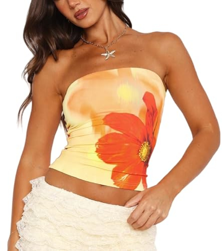 Betrodi Top da donna con stampa floreale, stile Y2K, senza maniche, senza spalline, a fascia, crop, aderente, con fiori, per uscire alla moda, Giallo, S