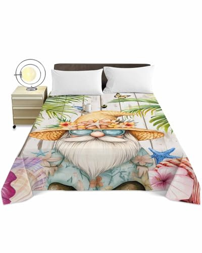 Twin Size Top Sheet Only, Dwarf Seaside Shell Starfish Flat Sheet Microfiber Breathable Soft Bed Sheet, Palm Tree White Wood Grain Hotel Bedding Flat Sheets for Bedroom