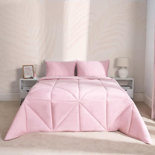 OHS Coverless Summer Duvet King Size 7.5 Tog, Soft Warm Microfibre Blush Pink Quilted Geometric Pattern Comfortable Year Round Use Washable King Size Duvet & Pillowcases