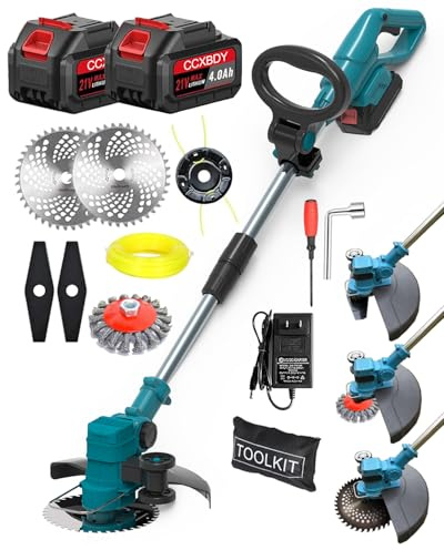 Akku Rasentrimmer für Makita-Akkus,Elektro Bürstenlose Rasentrimmer mit Akku, 4-in-1Freischneider Akku mit 2x2Ah Batterie,4 Arten Klingen für Rasenschneiden und Garten (Blau)