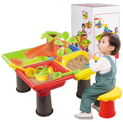 NASSMOSSE Toddler Water Table Sand Table 4-in-1 Sand and Water Play Kids 17.7x.13.8'' with Play Accessories Sandbox for Outdoor Activity Square Shape