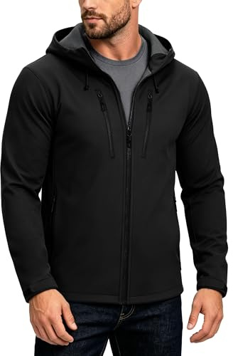 33,000ft Men's Waterproof Softshell Jackets Lightweight Fleece-Lined Running Jacket Breathable Windbreaker Casual Functional Coat with Hood for Cycling, Hiking,Golf Black L