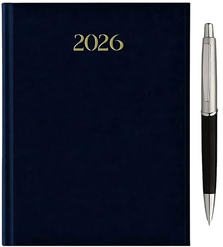 Generico Tageskalender 2026 A5 15 x 21 cm | Goammata Cover | Tagebuch 2026 Tagesplaner für Termine | Farbe Marineblau; Geschenk Stift Touchscreen + Geschenk Tischkalender 2026