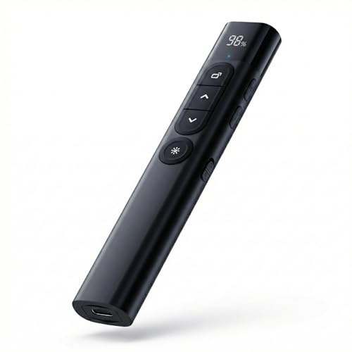 SunnyOcean Wireless Presenter Remote – USB-C Rechargeable Red Light Pointer with Timer, LED Display, Volume & Hyperlink Control, 2.4GHz PowerPoint Clicker for Prezi, Mac, Windows, Teachers – Black