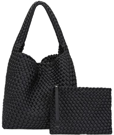 AMENGJ Gewebte Tragetasche für Damen Webtasche Handgefertigte gewebte Handtasche Tragetaschen mit großer Kapazität(Black)