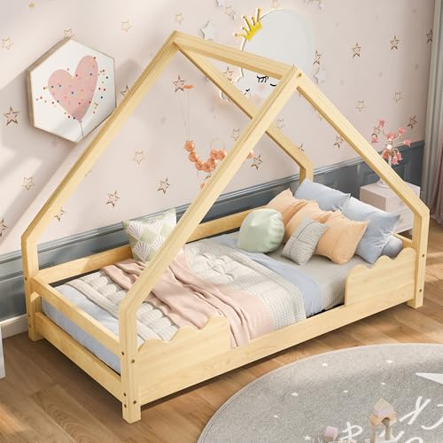 DUlVBPE Hausbett Kinderbett 90x200cm mit Rausfallschutz Spielbett Jugendbett Massivholz in Natur