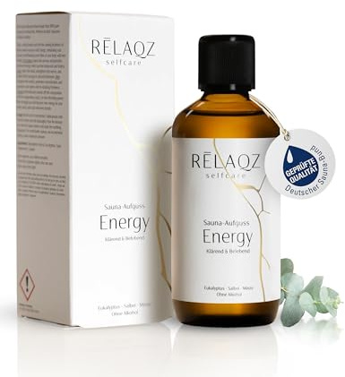 RELAQZ – Saunaaufguss Energy minzig-frische Saunaessenz 100ml (für bis zu 50 Anwendungen) – Belebendes Premium Aufgussmittel Saunakonzentrat alkoholfrei & mit naturreinen ätherischen Ölen
