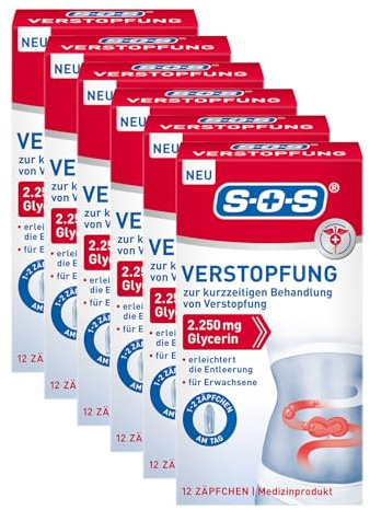 SOS Verstopfungs-Zäpfchen | Zur kurzfristigen Behandlung von Verstopfung | 2.250 mg Glycerin | 6 x 12 Zäpfchen für Erwachsene